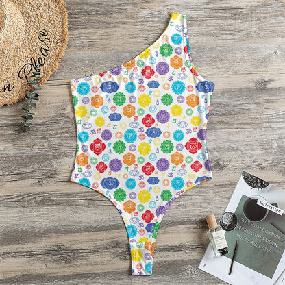 Seven Chakra Symbols Pattern Print One Shoulder Bodysuit