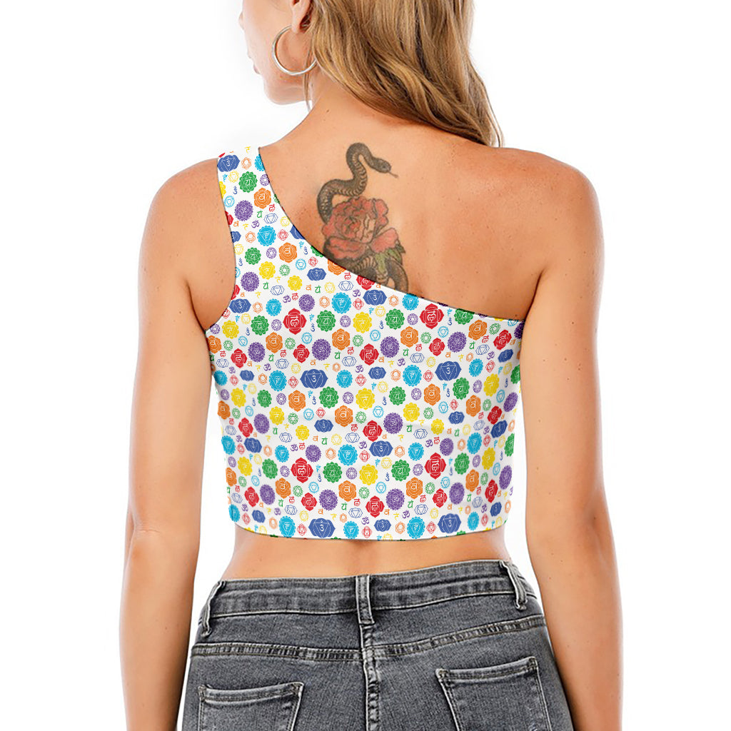 Seven Chakra Symbols Pattern Print One Shoulder Crop Top