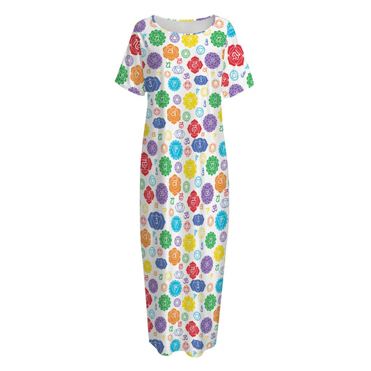 Seven Chakra Symbols Pattern Print Short Sleeve Long Nightdress