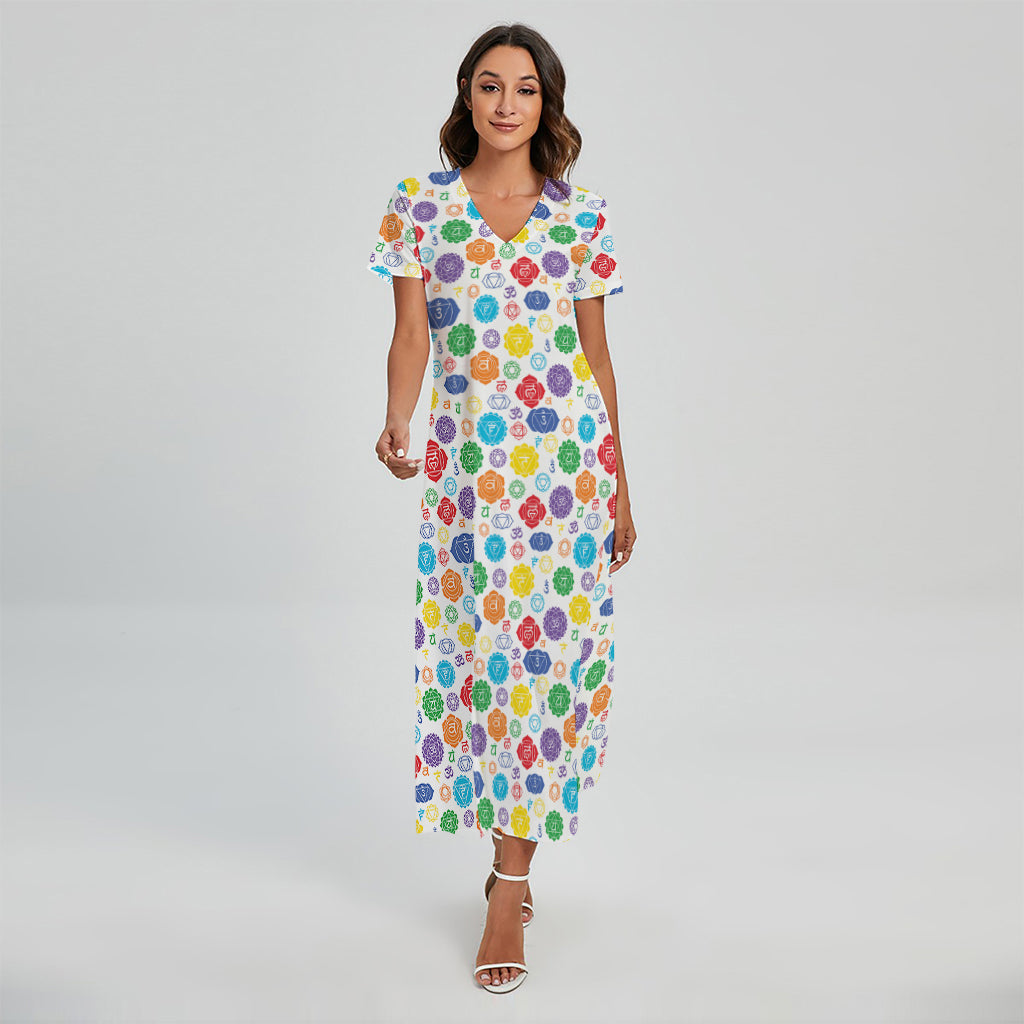 Seven Chakra Symbols Pattern Print Short Sleeve Maxi Dress