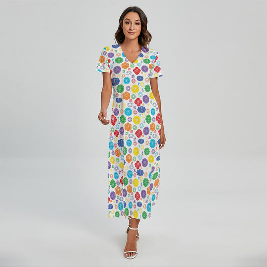 Seven Chakra Symbols Pattern Print Short Sleeve Maxi Dress