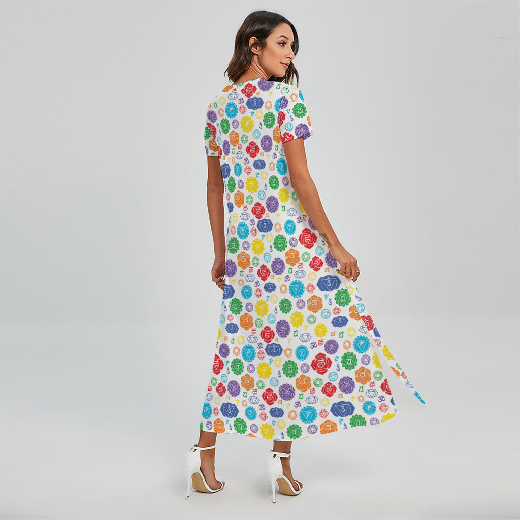 Seven Chakra Symbols Pattern Print Short Sleeve Maxi Dress