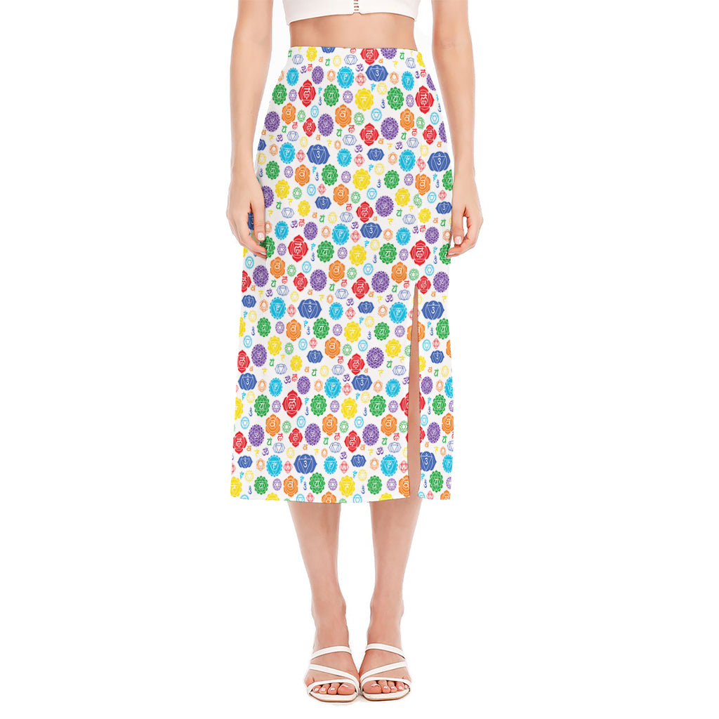 Seven Chakra Symbols Pattern Print Side Slit Midi Skirt