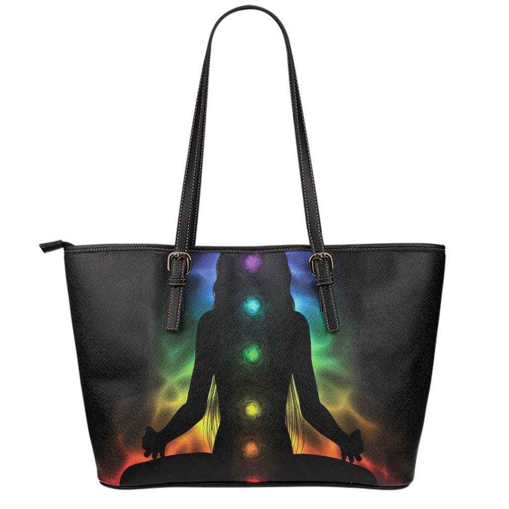 Seven Chakras Aura Print Leather Tote Bag