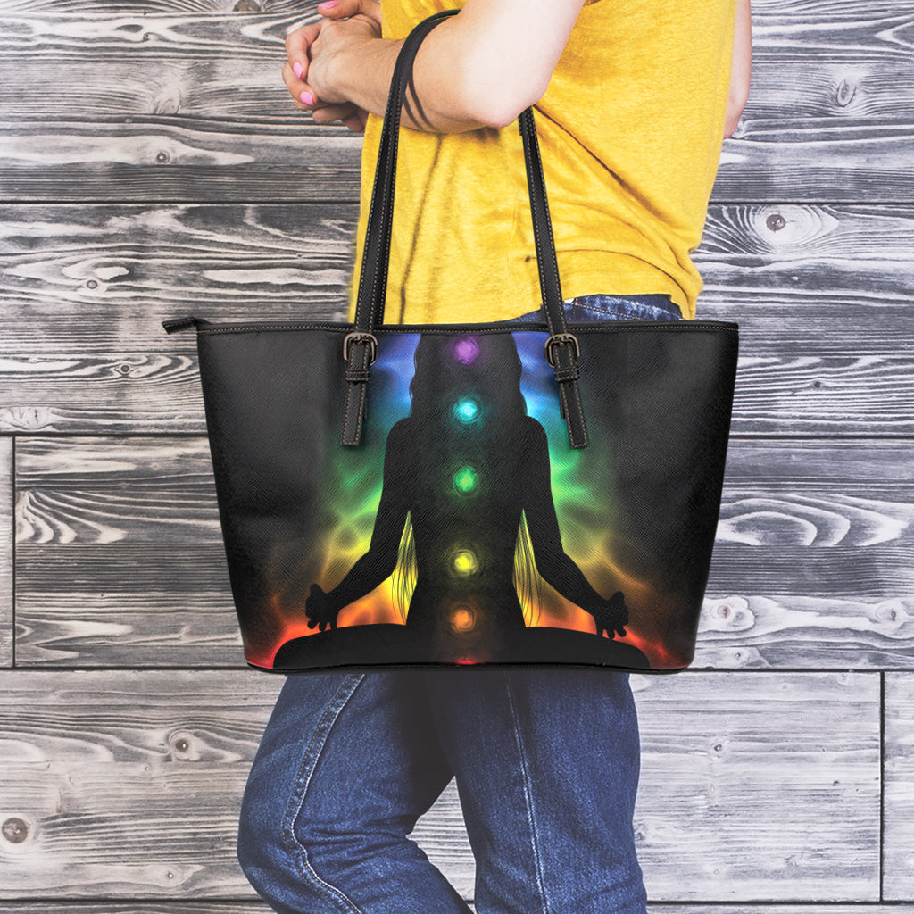 Seven Chakras Aura Print Leather Tote Bag