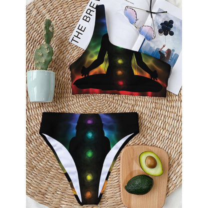 Seven Chakras Aura Print One Shoulder Bikini Top
