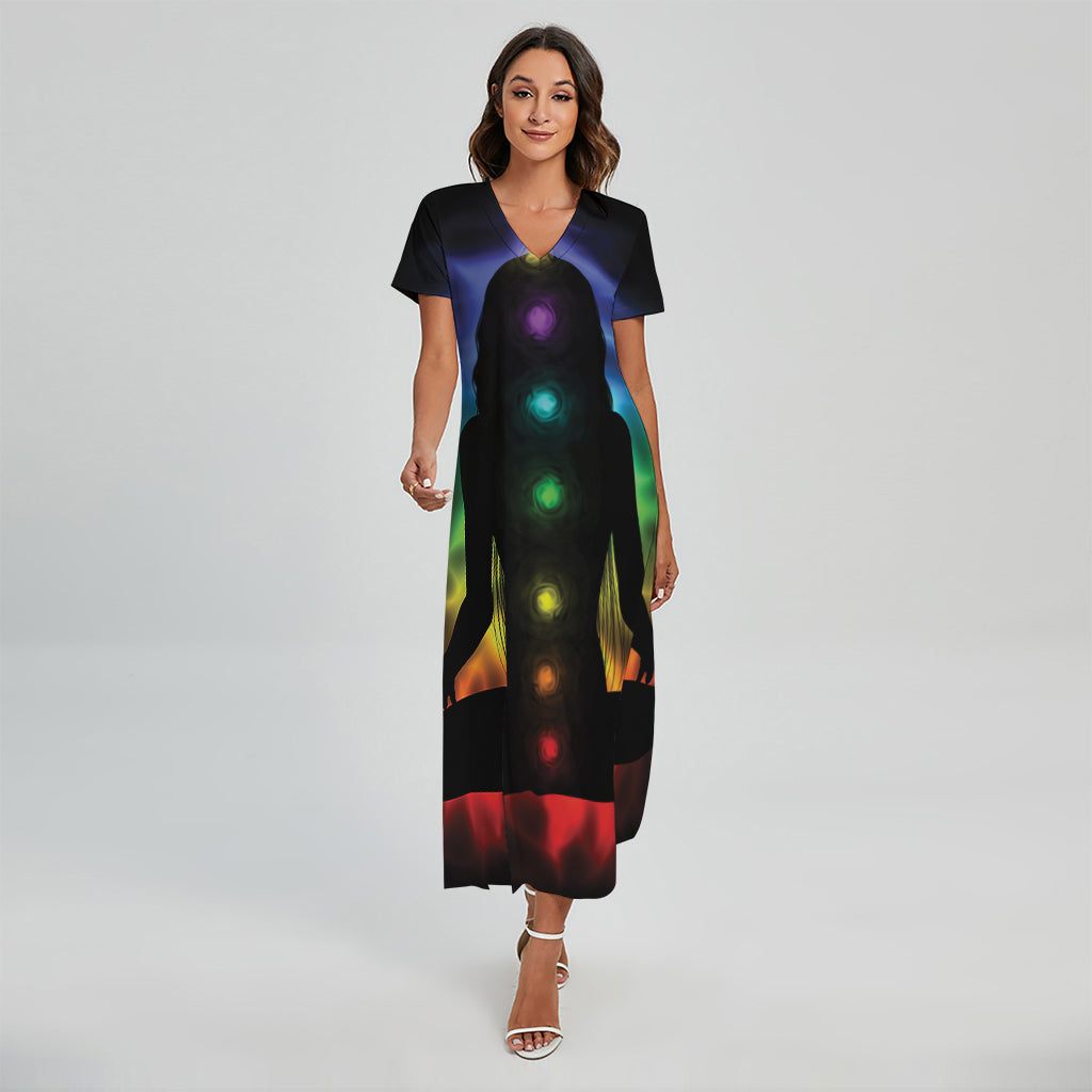 Seven Chakras Aura Print Short Sleeve Maxi Dress
