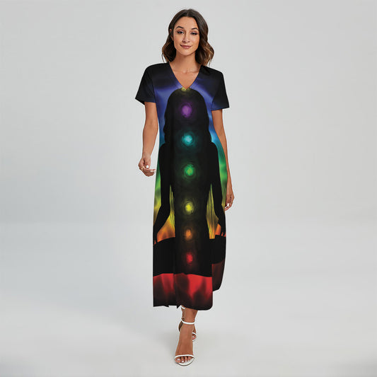 Seven Chakras Aura Print Short Sleeve Maxi Dress