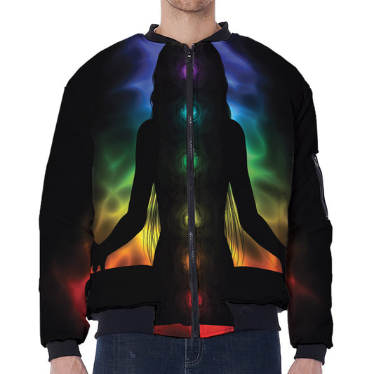 Seven Chakras Aura Print Zip Sleeve Bomber Jacket