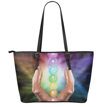 Seven Chakras Energy Print Leather Tote Bag