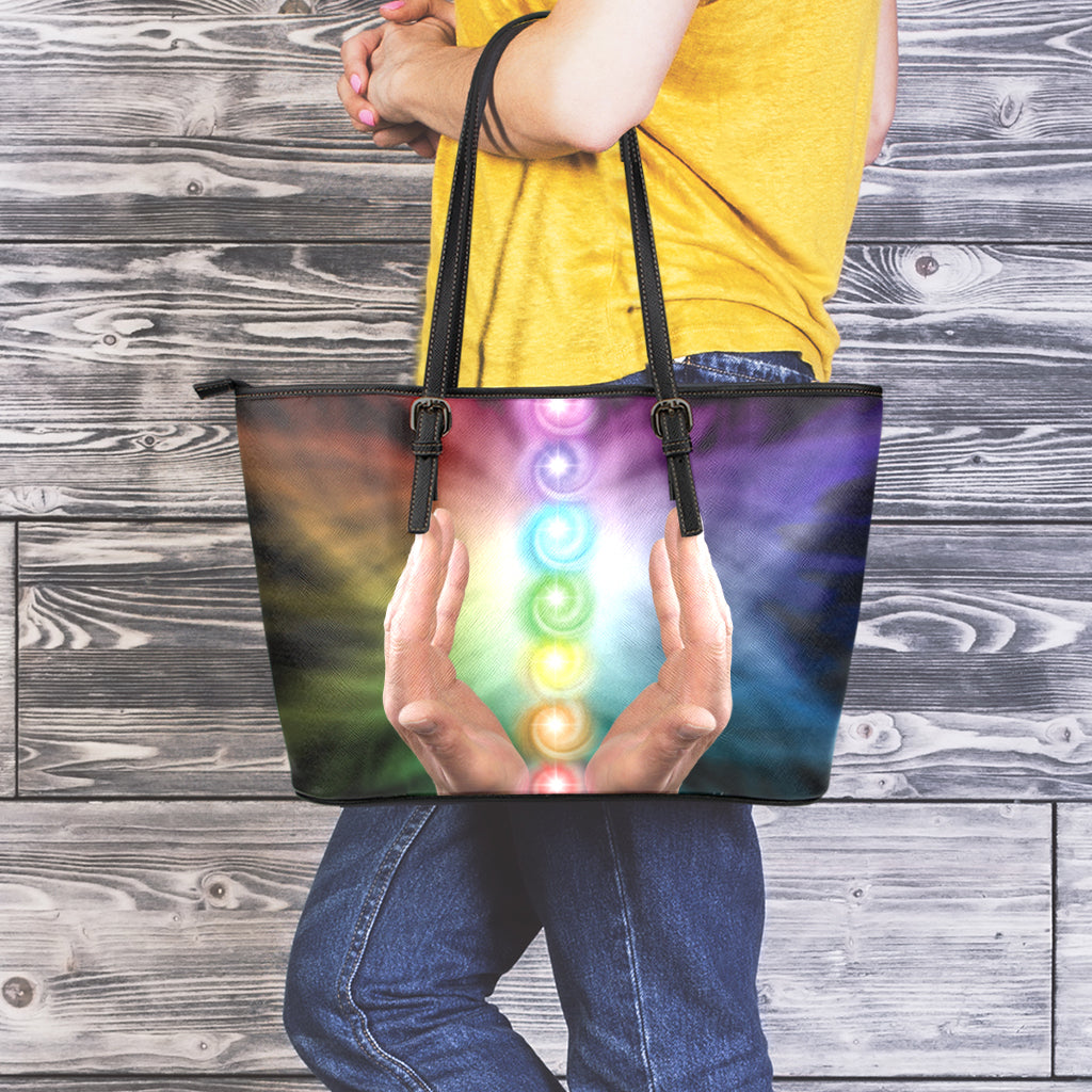 Seven Chakras Energy Print Leather Tote Bag