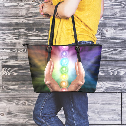 Seven Chakras Energy Print Leather Tote Bag
