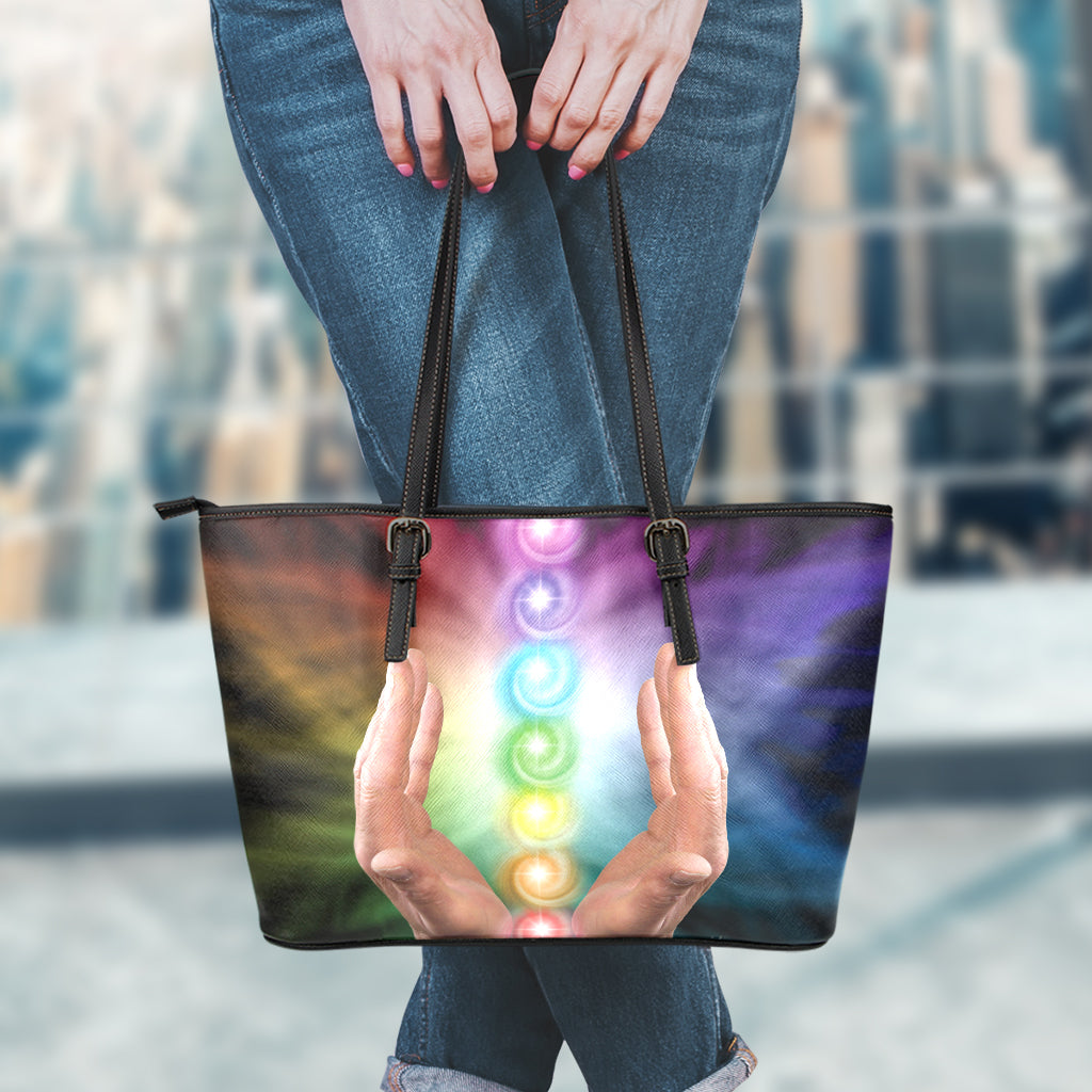 Seven Chakras Energy Print Leather Tote Bag