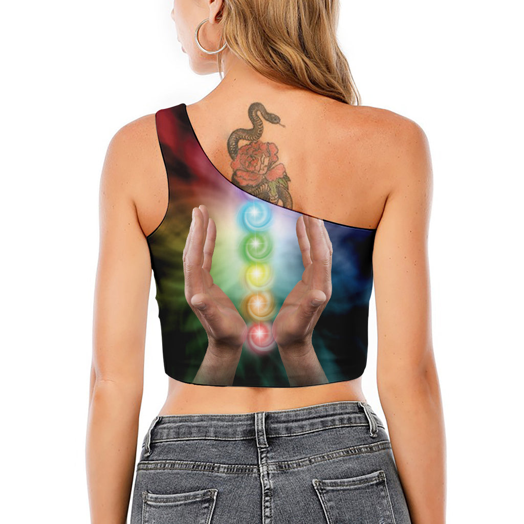 Seven Chakras Energy Print One Shoulder Crop Top