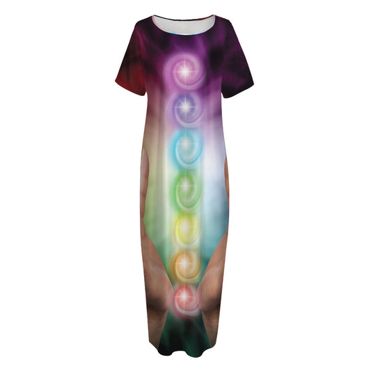 Seven Chakras Energy Print Short Sleeve Long Nightdress