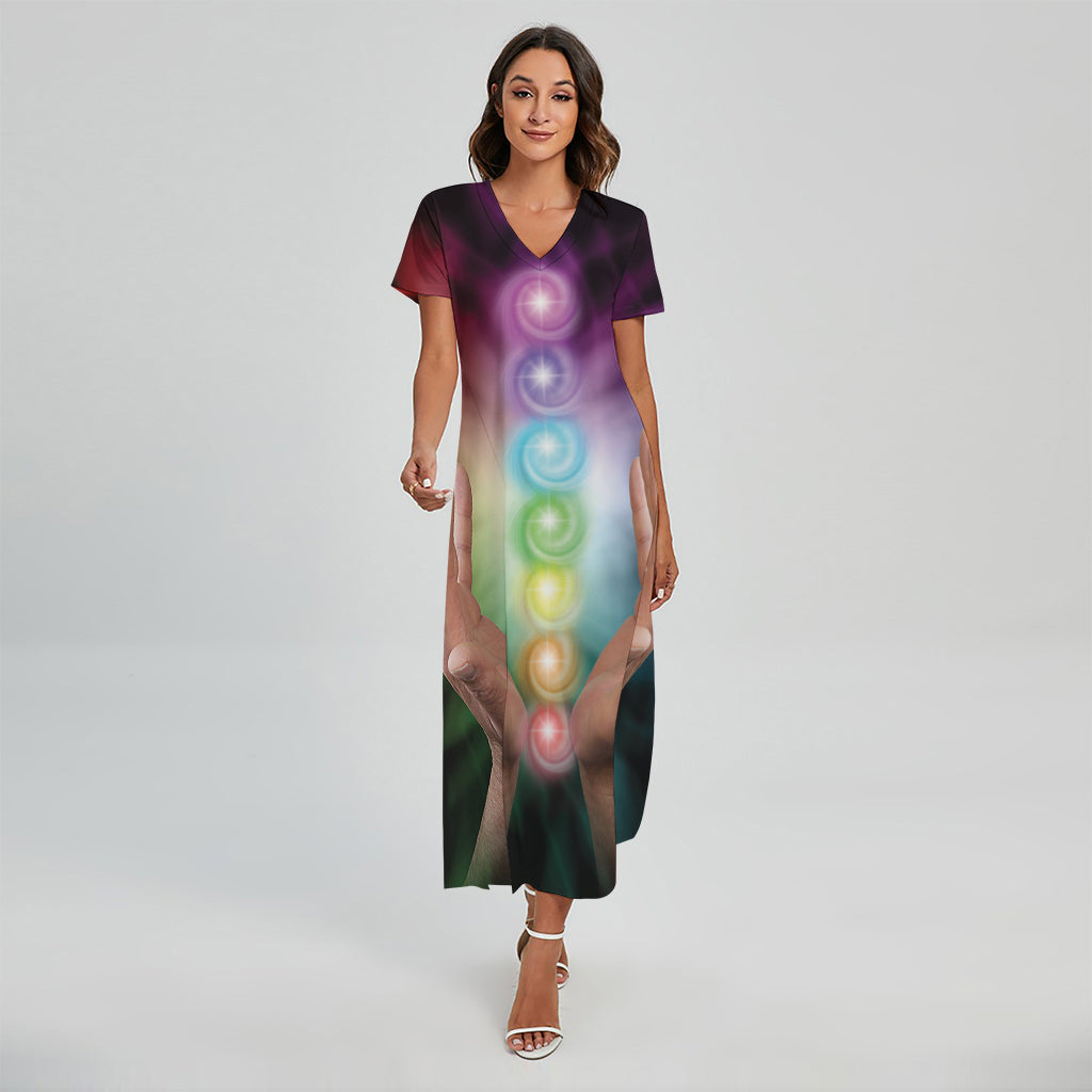 Seven Chakras Energy Print Short Sleeve Maxi Dress