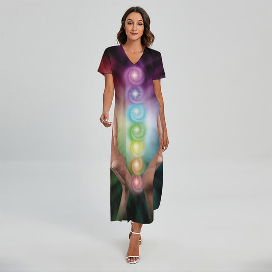 Seven Chakras Energy Print Short Sleeve Maxi Dress