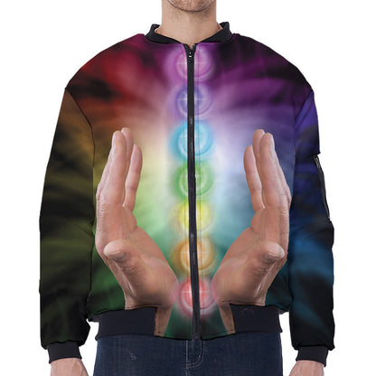 Seven Chakras Energy Print Zip Sleeve Bomber Jacket