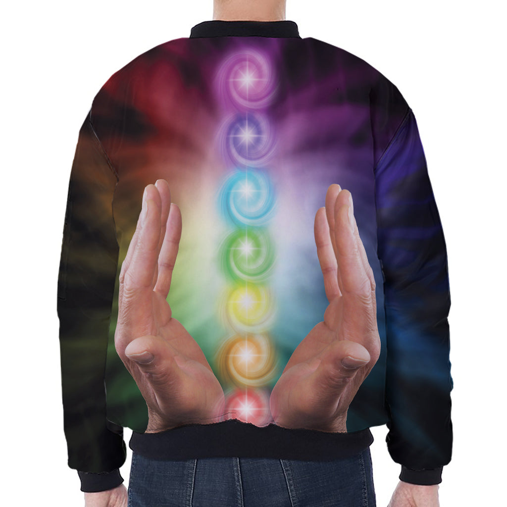 Seven Chakras Energy Print Zip Sleeve Bomber Jacket