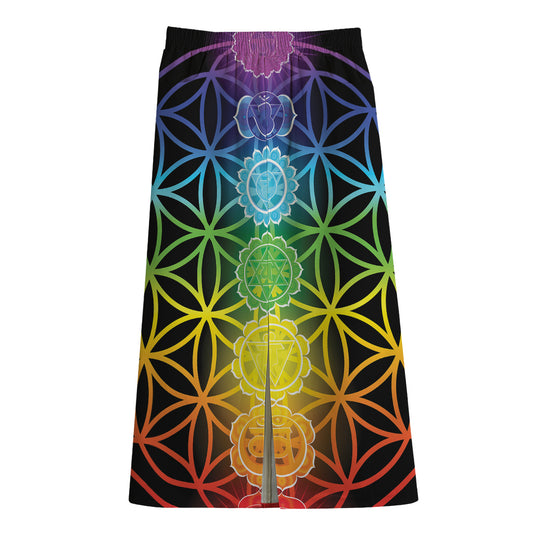 Seven Chakras Flower Of Life Print Cotton Front Slit Maxi Skirt