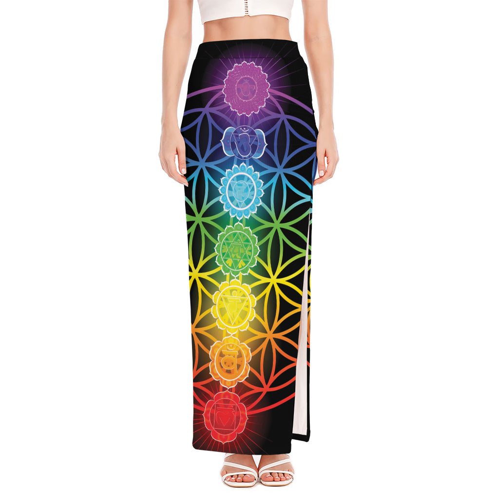Seven Chakras Flower Of Life Print High Slit Maxi Skirt