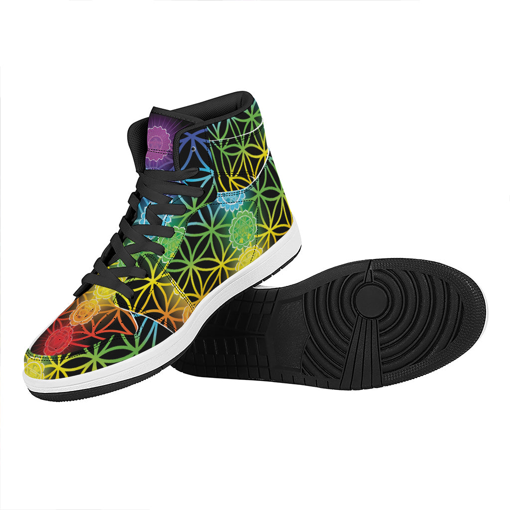 Seven Chakras Flower Of Life Print High Top Leather Sneakers