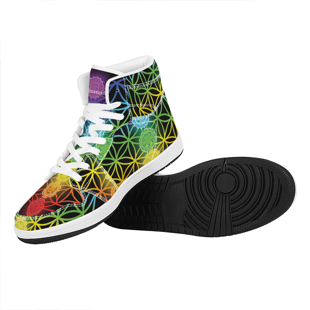 Seven Chakras Flower Of Life Print High Top Leather Sneakers