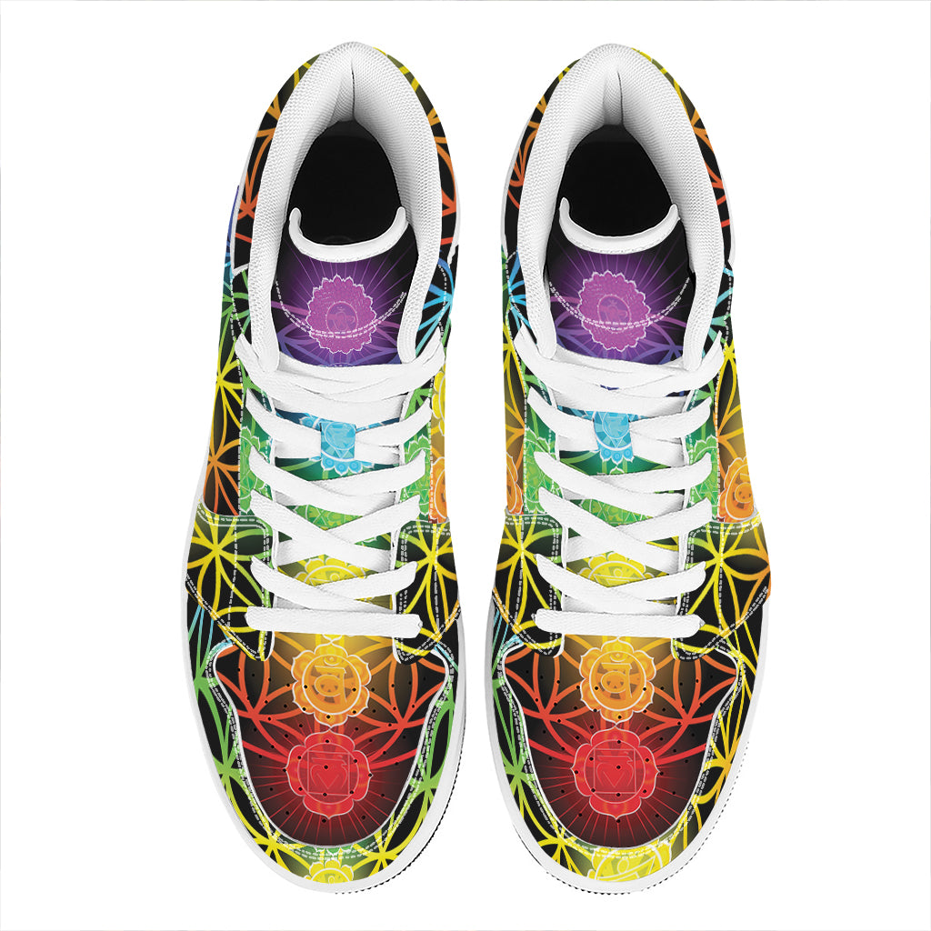 Seven Chakras Flower Of Life Print High Top Leather Sneakers