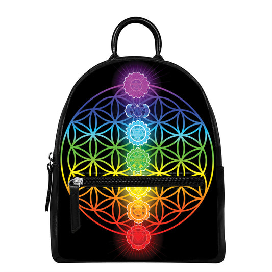 Seven Chakras Flower Of Life Print Leather Backpack