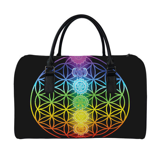 Seven Chakras Flower Of Life Print Leather Duffle Bag