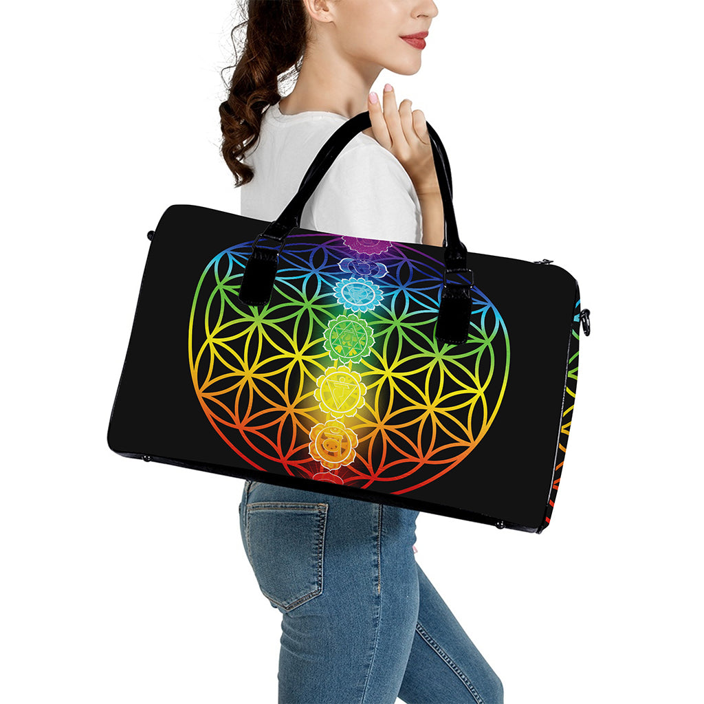 Seven Chakras Flower Of Life Print Leather Duffle Bag