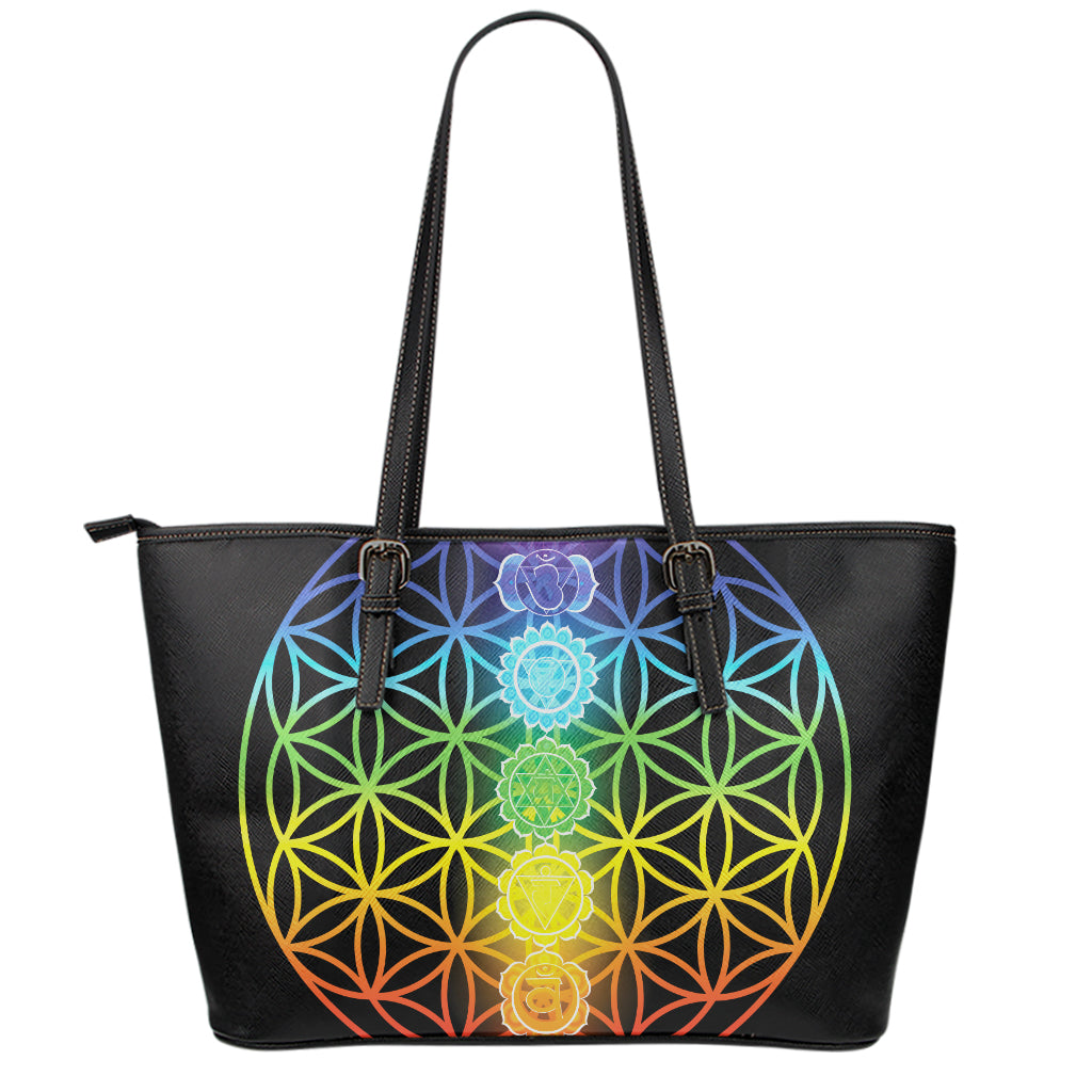 Seven Chakras Flower Of Life Print Leather Tote Bag