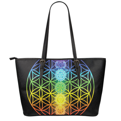 Seven Chakras Flower Of Life Print Leather Tote Bag