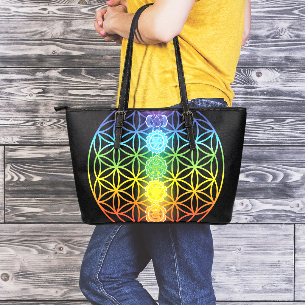Seven Chakras Flower Of Life Print Leather Tote Bag