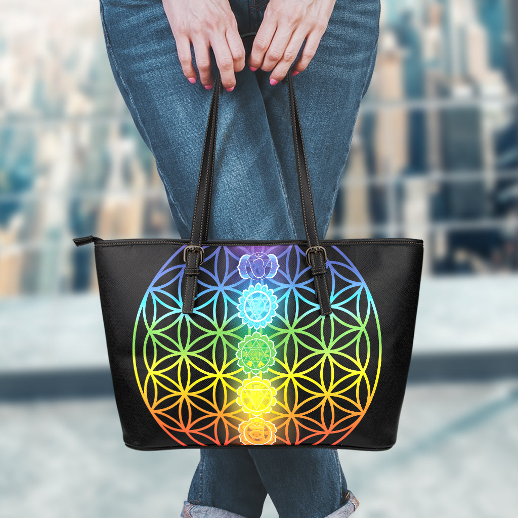 Seven Chakras Flower Of Life Print Leather Tote Bag