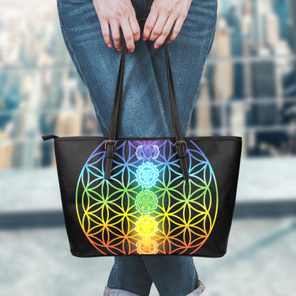 Seven Chakras Flower Of Life Print Leather Tote Bag