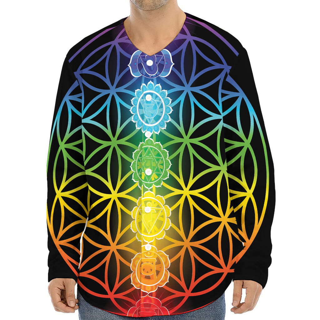 Seven Chakras Flower Of Life Print Long Sleeve Baseball Jersey