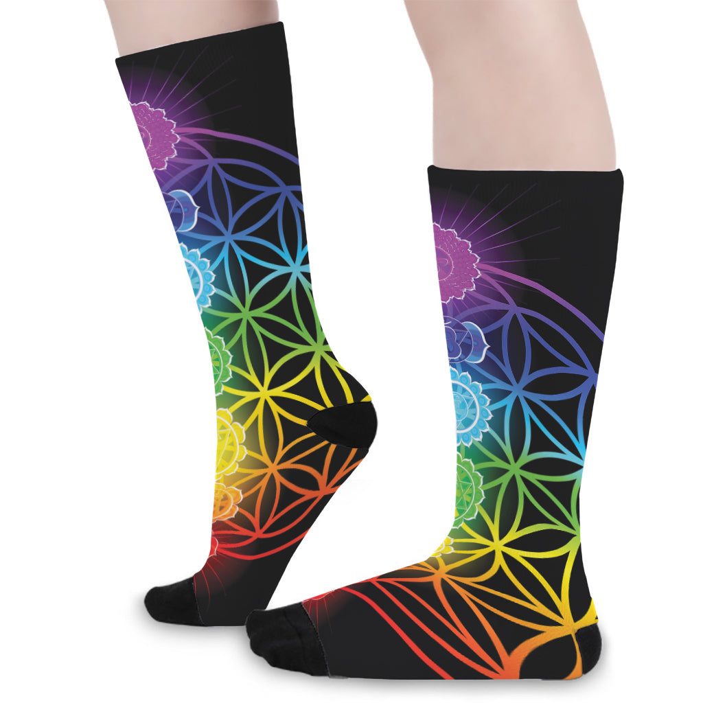 Seven Chakras Flower Of Life Print Long Socks