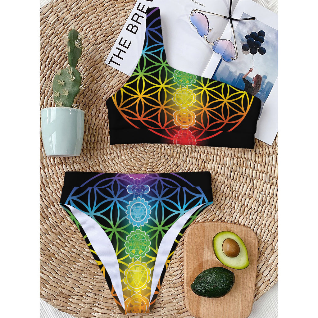 Seven Chakras Flower Of Life Print One Shoulder Bikini Top