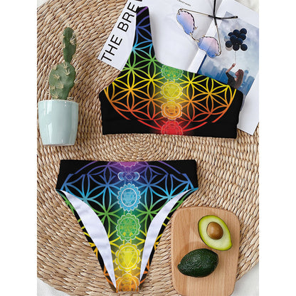 Seven Chakras Flower Of Life Print One Shoulder Bikini Top