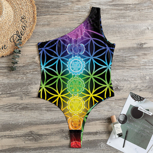 Seven Chakras Flower Of Life Print One Shoulder Bodysuit