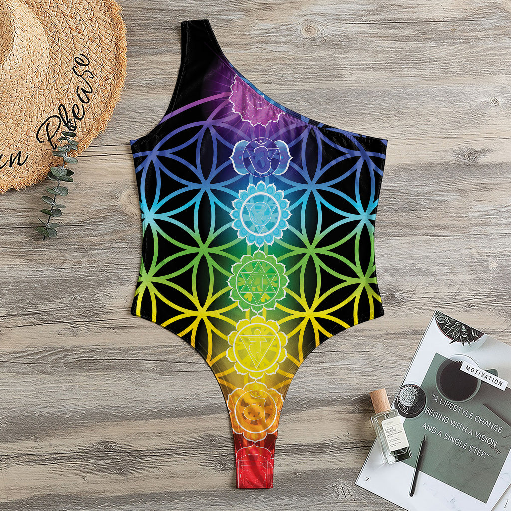 Seven Chakras Flower Of Life Print One Shoulder Bodysuit