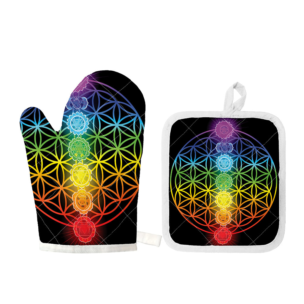 Seven Chakras Flower Of Life Print Oven Mitt And Pot Holder Set