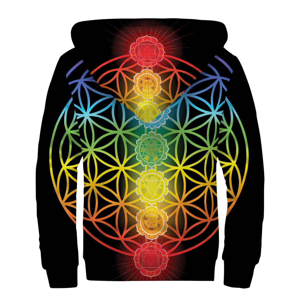 Seven Chakras Flower Of Life Print Sherpa Lined Zip Up Hoodie