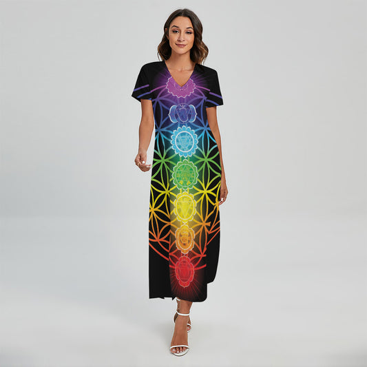 Seven Chakras Flower Of Life Print Short Sleeve Maxi Dress