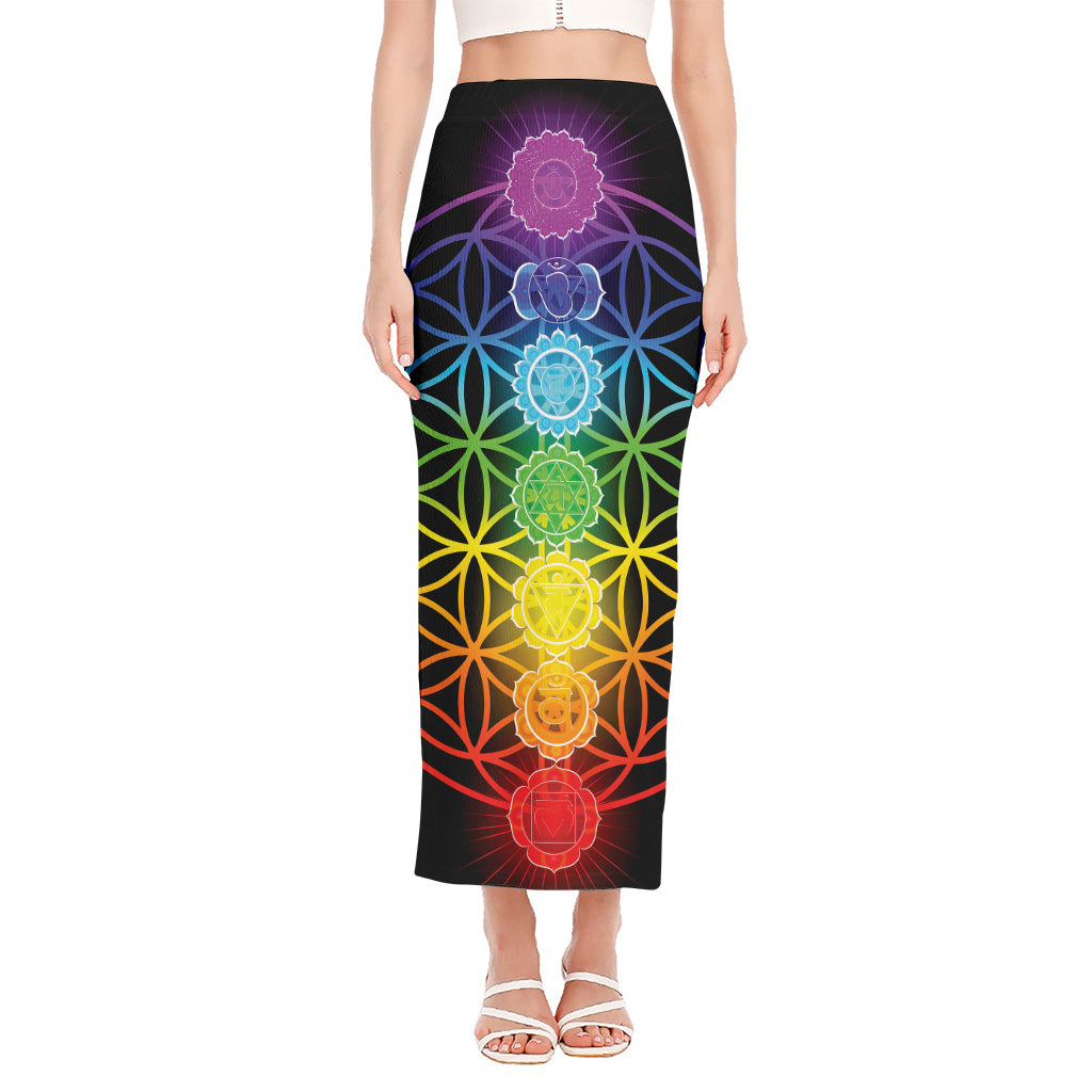 Seven Chakras Flower Of Life Print Side Slit Maxi Skirt
