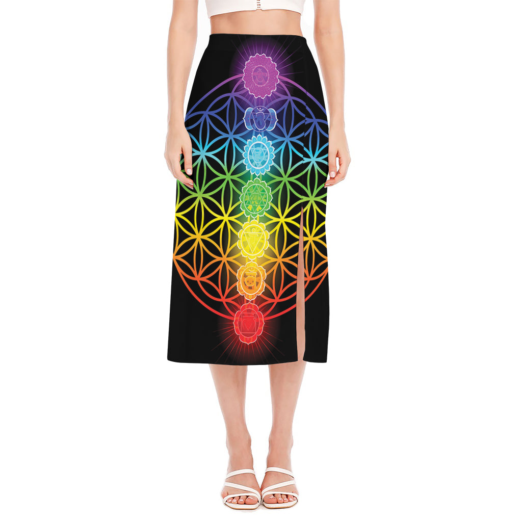 Seven Chakras Flower Of Life Print Side Slit Midi Skirt