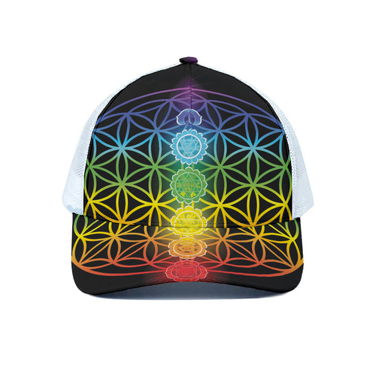 Seven Chakras Flower Of Life Print White Mesh Trucker Cap
