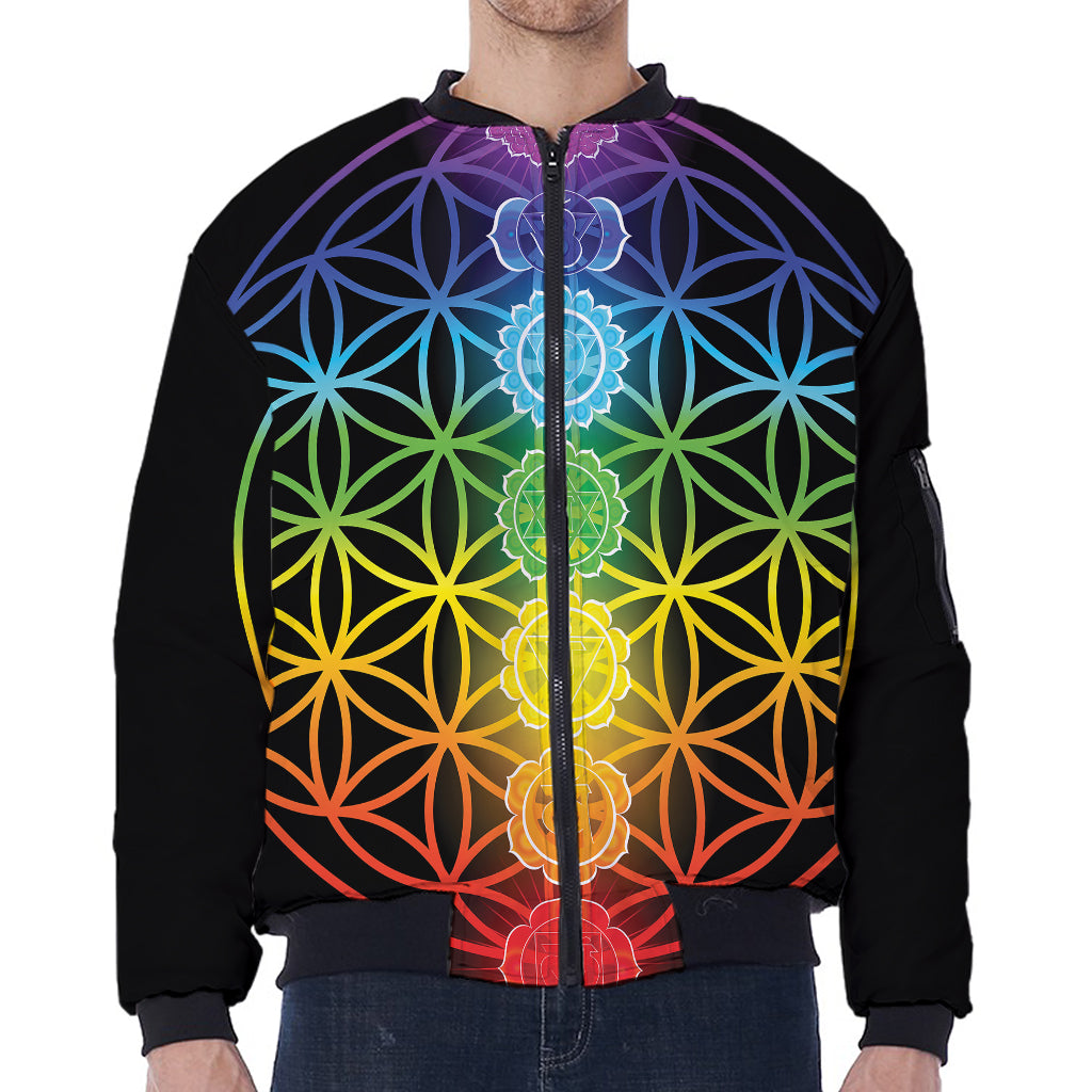Seven Chakras Flower Of Life Print Zip Sleeve Bomber Jacket