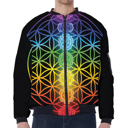 Seven Chakras Flower Of Life Print Zip Sleeve Bomber Jacket